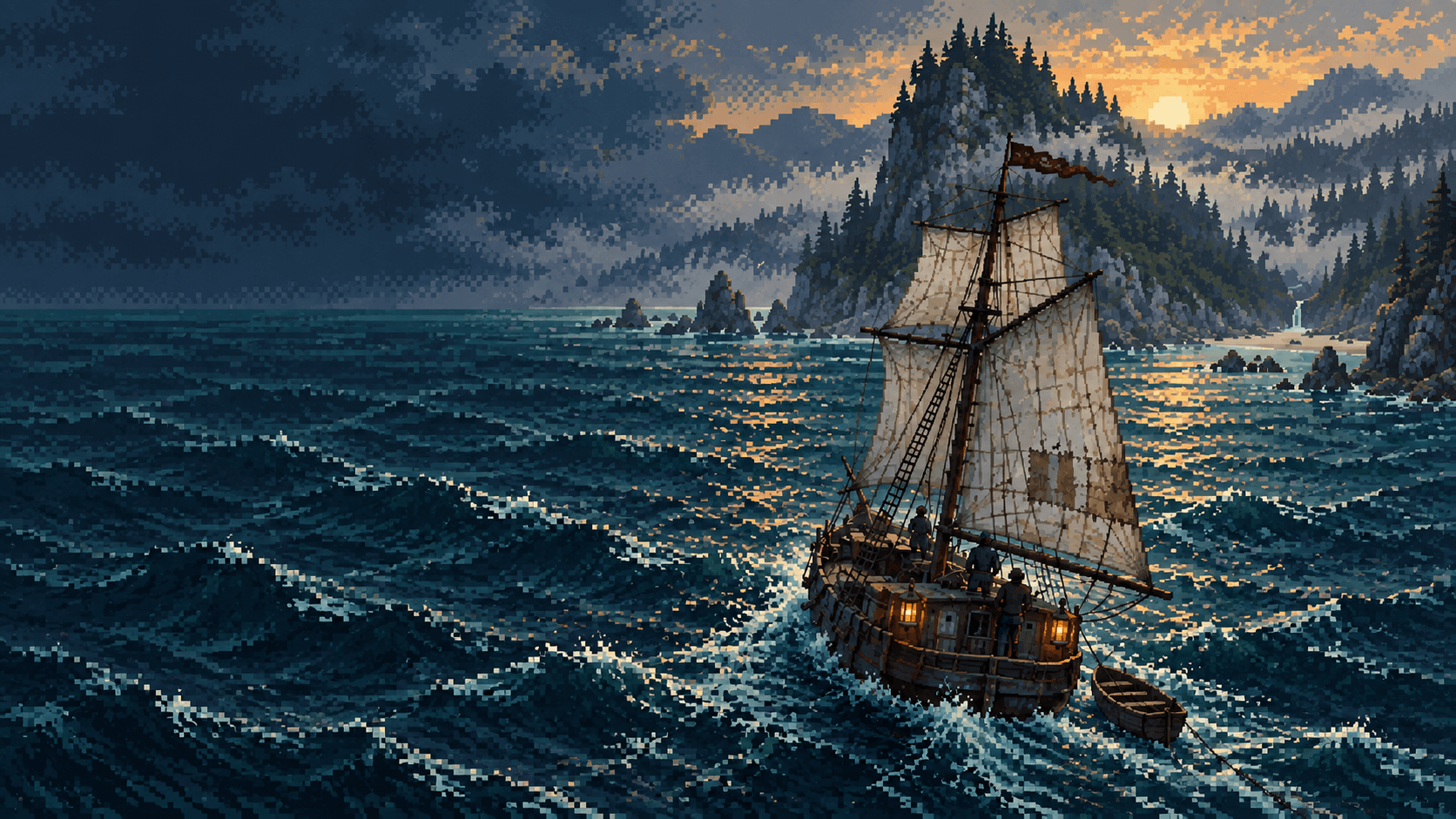 A sailing ship approaching a mountainous, uncharted coast at sunset.